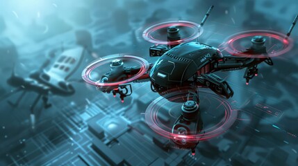Poster - Artistic representation of the first drone, highlighting its rotors, control systems, and camera setup for aerial photography and surveillance.