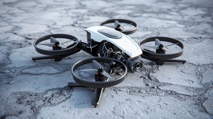 Poster - Artistic representation of the first drone, highlighting its rotors, control systems, and camera setup for aerial photography and surveillance.