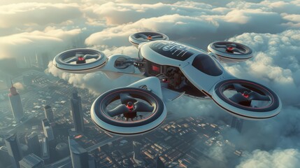 Poster - Artistic representation of the first drone, highlighting its rotors, control systems, and camera setup for aerial photography and surveillance.