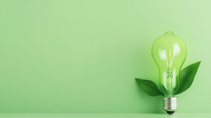 Wall Mural - Green Light Bulb with Leaves on Green Background