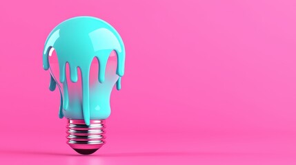 Poster - Blue Paint Dripping Light Bulb on Pink Background
