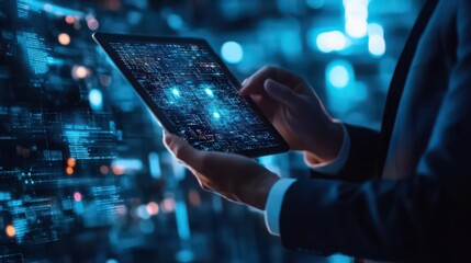 Poster - Blockchain technology and data encryption are applied by a businessman on a digital tablet, with AI and data science driving secure business operations.