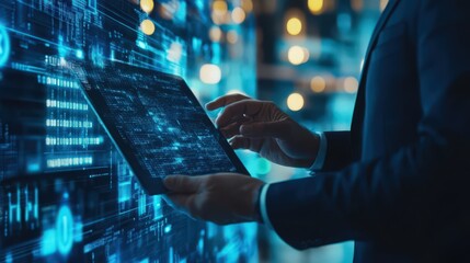 Poster - Blockchain technology and data encryption are applied by a businessman on a digital tablet, with AI and data science driving secure business operations.