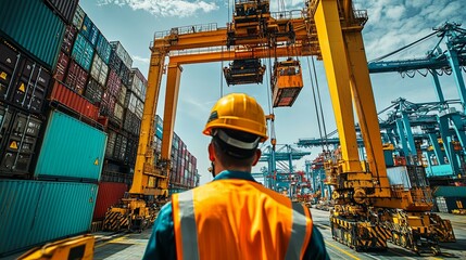 A Construction Worker at a Shipping Port with Cargo Containers