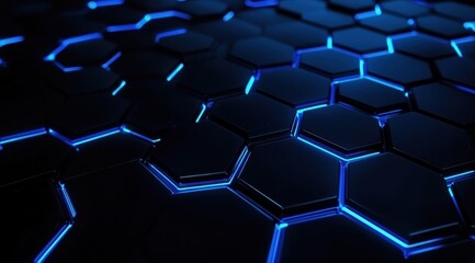 Wall Mural - A black background with hexagonal patterns illuminated in blue, creating an abstract and futuristic wallpaper for digital or tech-themed designs