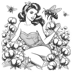 pin-up girl sitting in a cotton field with bees flying around, styled in a retro 1950s design sketch engraving generative ai raster illustration. Scratch board imitation. Black and white image.