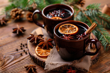 Hot aromatic Christmas mulled wine with cinnamon, orange and star anise. Two brown ceramic mugs with mulled wine stand on a wooden table. Christmas cozy decor, fir branches.