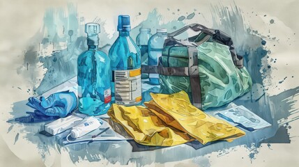 Poster - blueprint of a chemical spill kit, highlighting its contents such as absorbent materials, gloves,