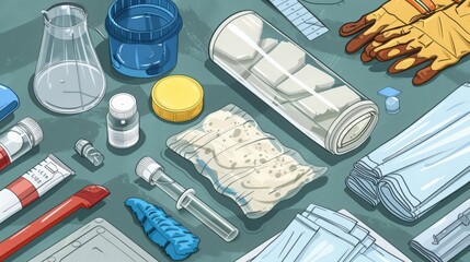 Poster - blueprint of a chemical spill kit, highlighting its contents such as absorbent materials, gloves,