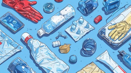 Poster - blueprint of a chemical spill kit, highlighting its contents such as absorbent materials, gloves,