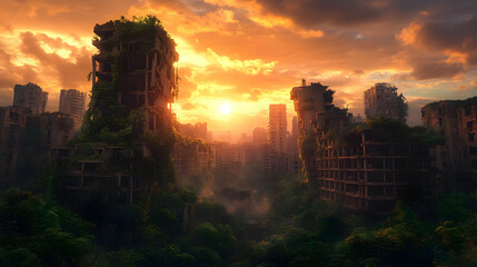 A post-apocalyptic cityscape, with tall buildings overtaken by vegetation, is bathed in a golden sunset.