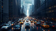 © Siasart Stock - A rainy day in New York City with traffic congestion on a busy street with tall skyscrapers and a cloudy sky.