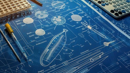 Poster - Blueprint of a genetics experiment, depicting the process of DNA extraction, PCR setup, and gel electrophoresis for analyzing genetic material.