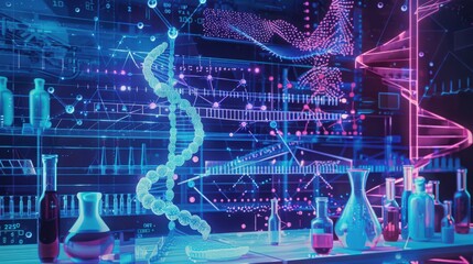 Poster - Blueprint of a genetics experiment, depicting the process of DNA extraction, PCR setup, and gel electrophoresis for analyzing genetic material.
