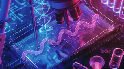Poster - Blueprint of a genetics experiment, depicting the process of DNA extraction, PCR setup, and gel electrophoresis for analyzing genetic material.