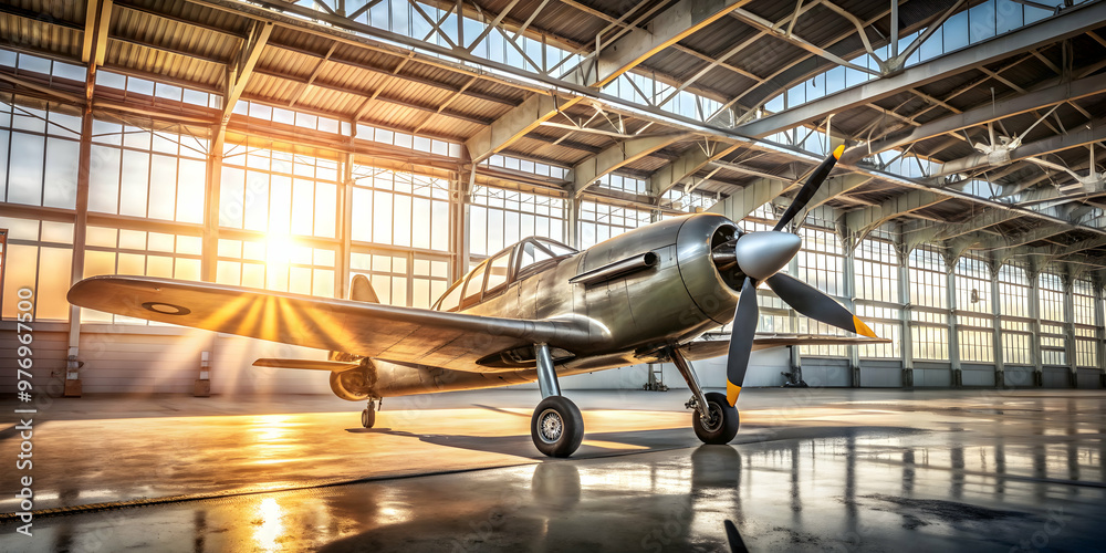 Vintage fighter plane in aircraft hangar with sunlight, preserving ...