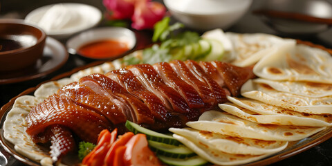 Wall Mural - Artistic presentation of Peking duck with traditional garnishes on a plate