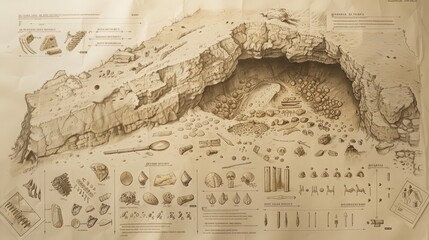 Poster - blueprint of a paleoanthropological dig, featuring the recovery of early human fossils and tools, pr
