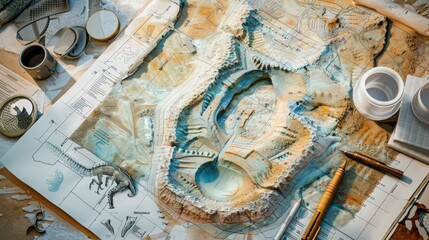  - Blueprint of a paleontological excavation unit, highlighting the stratigraphic layers and techniques used to uncover and document fossil finds