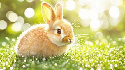 Wall Mural - Cute Bunny Rabbit in Green Grass with Bokeh Background