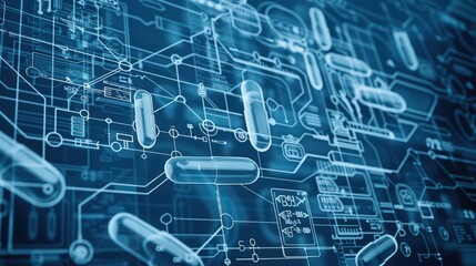  - Blueprint of a pharmacology experiment, showing the process of drug formulation, testing, and analysis of therapeutic effects on biological systems.