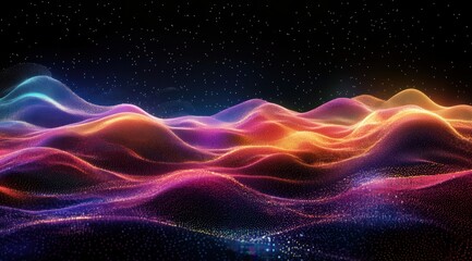 Wall Mural - Abstract background with neon glowing light waves and night sky, landscape of colorful hills or mountains made from digital dots