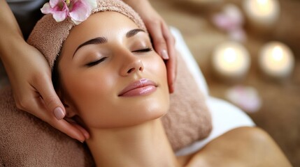 Canvas Print - A woman getting a facial at the spa with flowers on her head, AI