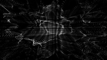 Wall Mural - Glowing black wave with motion dots and top view. Abstract digital background. Particle explosion. Concept connection big data. Futuristic technology backdrop. Vector illustration.