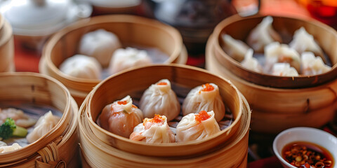 Wall Mural - Savory dim sum in bamboo baskets with dipping sauces and traditional Chinese teaware served on a rustic table