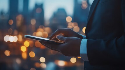 Poster - CRM solutions are optimized as a businessman utilizes a digital tablet for customer network integration.