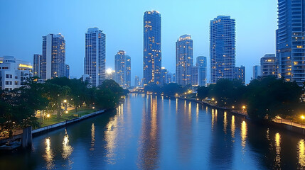 Wall Mural - A serene river flows through a modern city, with tall buildings reflected in the calm water, illuminated by the soft glow of streetlights at dusk.