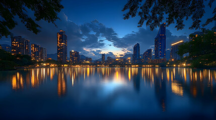 A serene night over a city skyline reflected in a calm lake.