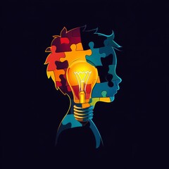 Wall Mural - a colorful illustration of a child's profile with a light bulb, symbolizing creativity and inspirati
