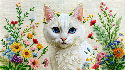 Embroidery of a beautiful white cat covered in wild flowers on a blanket, White cat, embroidery, wild flowers, blanket, decor, artistic