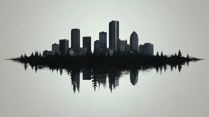 Wall Mural - A silhouette of a city skyline with a reflection in the water.