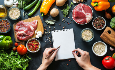 Hands write a grocery list on a notepad surrounded by fresh ingredients and raw meat.