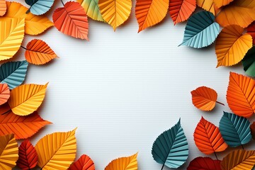 Wall Mural - A colorful leafy border with a white background. The leaves are orange, yellow, and blue