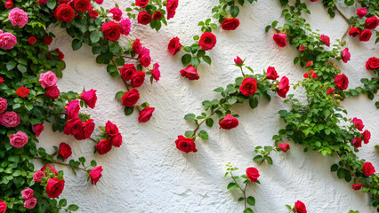 Roses climbing on a white wall , floral, roses, wall art, decoration, romantic, nature, blooming, climbing, beautiful, aesthetic