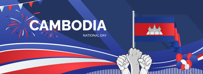 Wall Mural - Cambodia National Day background with raised fist and abstract shapes in flag colors, blue, red and white. Creative templates for independence day greeting card, sporting event, and horizontal poster