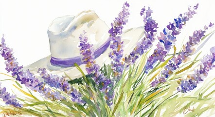 An illustration of a woman wearing a summer hat and a bouquet of lavender and eustoma in watercolor on a white background. This is a floral watercolor illustration suitable for creating greeting