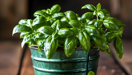 Wall Mural - Vibrant green basil flourishing in a rustic tin bucket