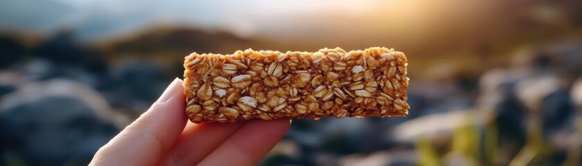 A healthy granola bar held by a hand, set against a scenic outdoor background, perfect for snack and energy boost imagery.