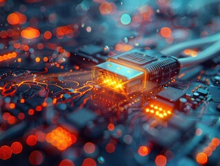 close-up of a high-speed data transmission cable connected to a circuit board with glowing orange ci