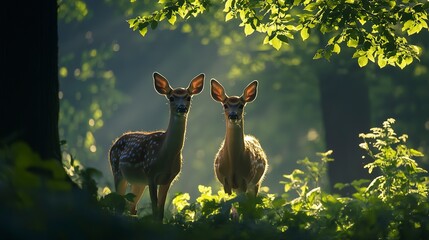 Poster - Two majestic deer stand gracefully amidst lush greenery, illuminated by soft sunlight filtering through the trees.