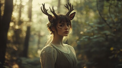 Wall Mural - a woman in a forest with deer horns on her head