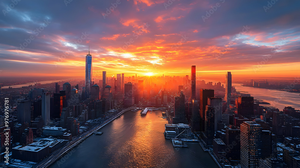 A stunning aerial view of the New York City skyline at sunrise, with ...
