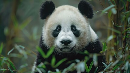 Close up of a cute giant panda in a lush bamboo forest with green leaves and soft lighting. Adorable and natural wildlife scene.