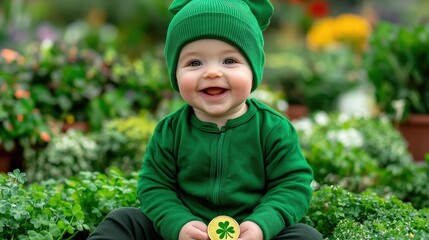 Happy Baby in Green Outfit Holding Shamrock Coin on St  Patrick s Day