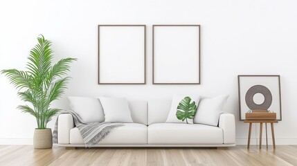 Poster - Minimalist Living Room with White Sofa  Palm Tree  and Empty Frames