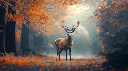 Wall Mural - Beautiful deer in a misty forest with autumn foliage, creating a serene and tranquil wildlife scene. -